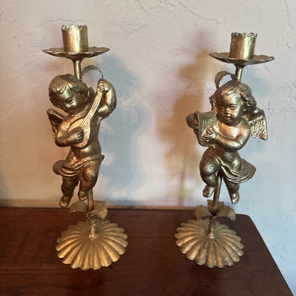 Vintage WOLIN Italy‎ Gilt Cherub Putti Candlestick Holders Pair Baroque